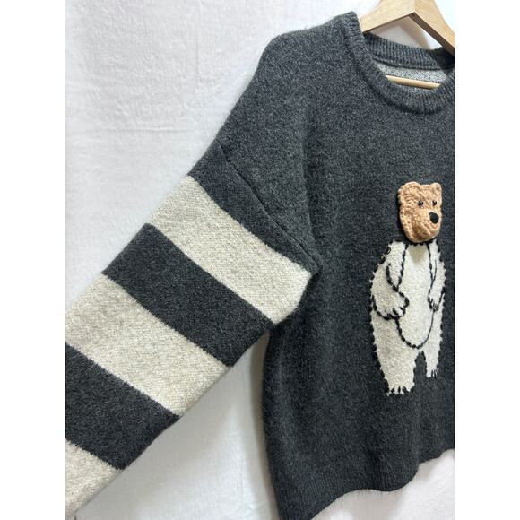 Knit Teddybear 3D Sweater O/S Pullover Striped Gray Cream Fuzzy Cozy Whimsygoth - Picture 4 of 6